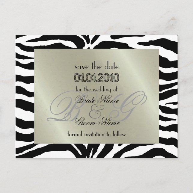 Save the Date, zebra + monogram Announcement Postcard (Front)