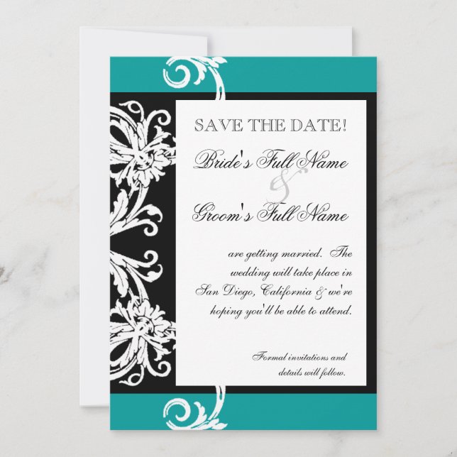 Save the Dates - Black White Teal Heart Damask Date (Front)