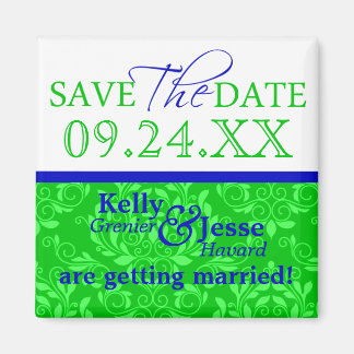 Save The Dates Green Damask Design Blue Magnet