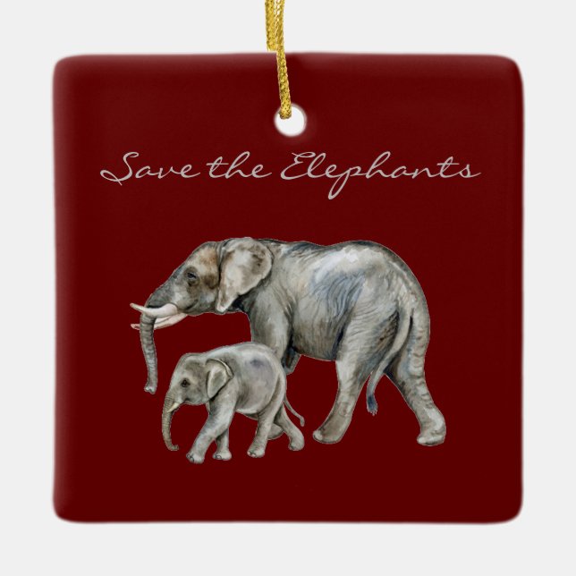Save the Elephants Beautiful Animals Red Script Ceramic Ornament (Front)