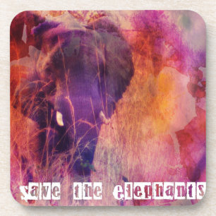 Save the Elephants Colourful Grunge Digital Art Coaster