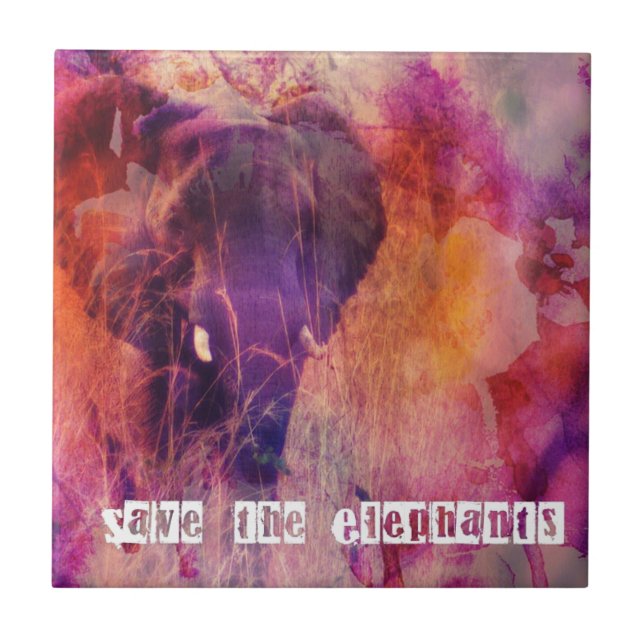 Save the Elephants Colourful Grunge Digital Art Tile (Front)