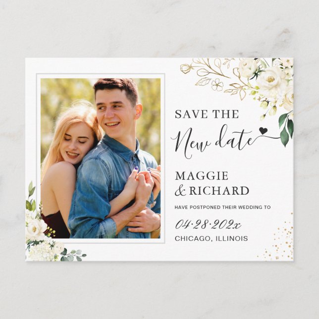 Save The New Date Green White Floral Photo Postcard (Front)