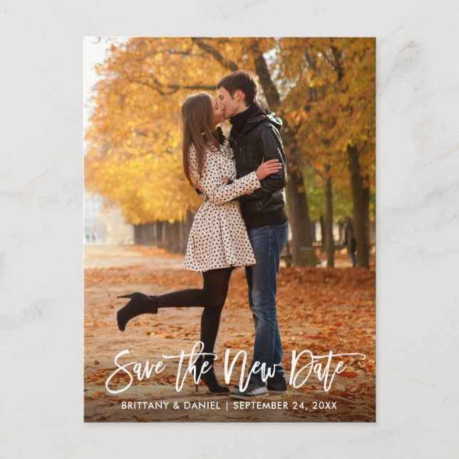 Save The New Date Modern Brush Script Photo Postcard (Front)