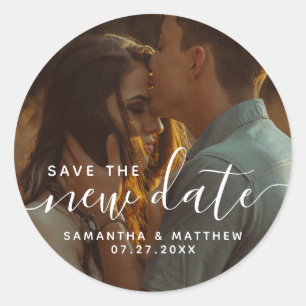 Save The NEW Date Photo Bohemian Postponed Wedding Classic Round Sticker