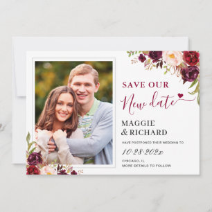 Save The New Date Rustic Burgundy Floral Photo