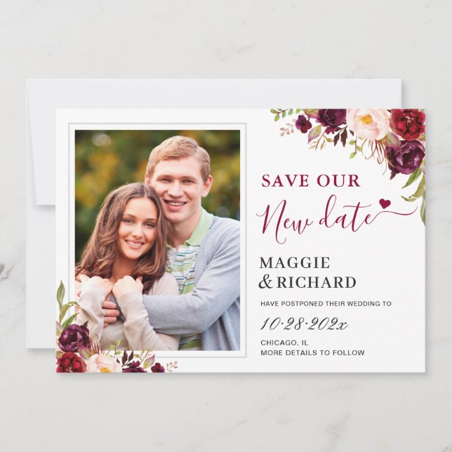 Save The New Date Rustic Burgundy Floral Photo Save The Date (Front)