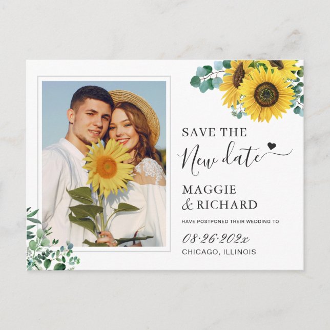 Save The New Date Sunflower Eucalyptus Photo Postcard (Front)