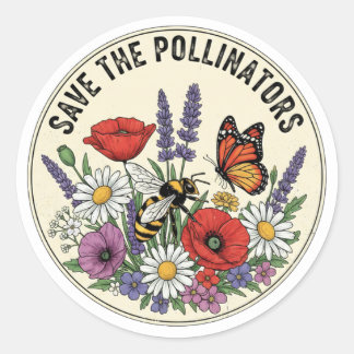 Save the Pollinator with bee, butterfly & flowers Classic Round Sticker