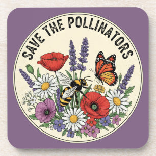 Save the Pollinator with bee, butterfly & flowers Coaster