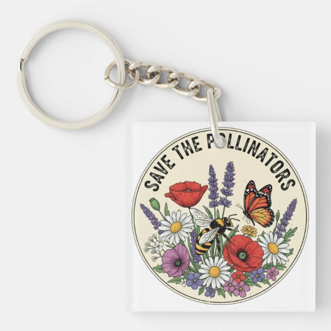 Save the Pollinator with bee, butterfly & flowers Key Ring (Front)