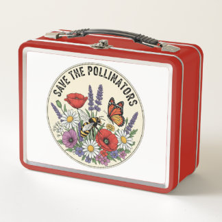 Save the Pollinator with bee, butterfly & flowers Metal Lunch Box