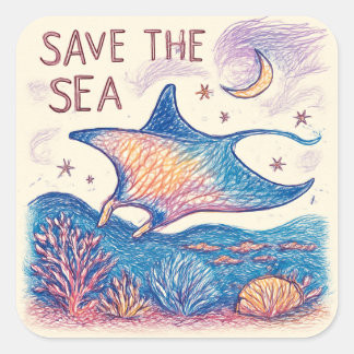 Save the Sea - Colour Pencil Ocean Art Square Sticker