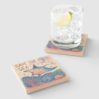 Save the Sea - Colour Pencil Ocean Art Stone Coaster