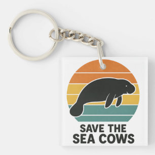Save The Sea Cows Retro Vintage Manatee Silhouette Key Ring