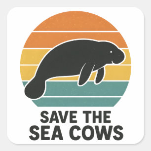 Save The Sea Cows Retro Vintage Manatee Silhouette Square Sticker