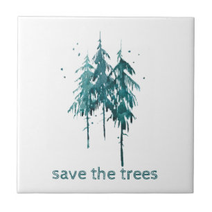 Save the Trees Simple Blue-Green Watercolor Pines Ceramic Tile
