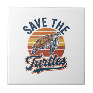 Save The Turtles Vintage Sea Turtle T-Shirt Design Ceramic Tile