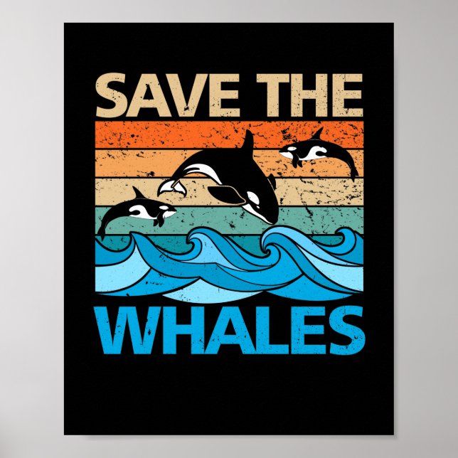 Save The Whales Retro Vintage Orca Whale Poster (Front)