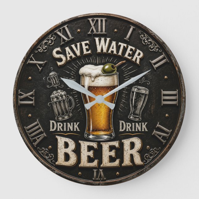 Save Water Drink Beer Man Cave Gift Large Clock (Front)