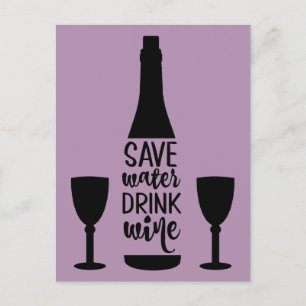 Save Water Drink Wine Black Bottle Two Glasses Postcard