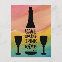 Save Water Drink Wine Black Bottle Two Glasses