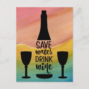 Save Water Drink Wine Black Bottle Two Glasses Postcard