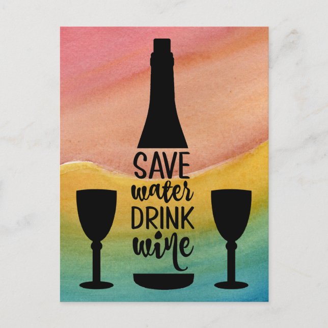 Save Water Drink Wine Black Bottle Two Glasses Postcard (Front)