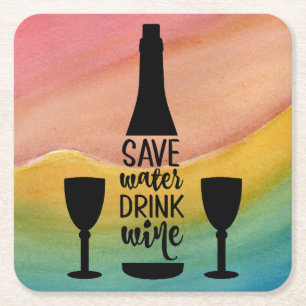 Save Water Drink Wine Black Bottle Two Glasses Square Paper Coaster