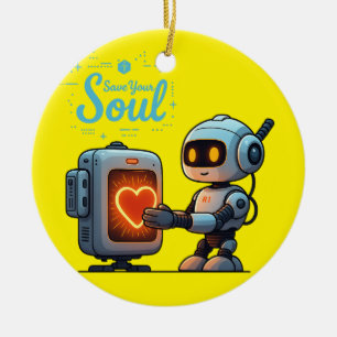 Save Your Soul Cute Robot Holding Heart – Futurist Ceramic Ornament