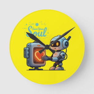 Save Your Soul Cute Robot Holding Heart – Futurist Round Clock
