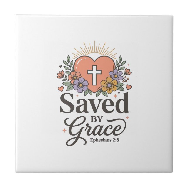 Saved By Grace Floral Christian Vector Shirt Ceramic Tile (Front)