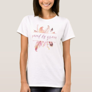 Saved by Grace with pink watercolor feathers shirt