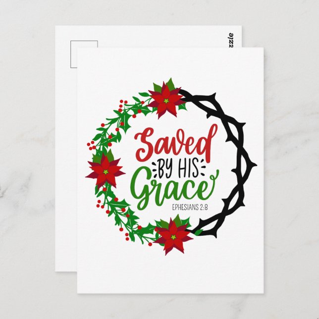 Saved by His Grace Christmas Wreath Postcard (Front/Back)