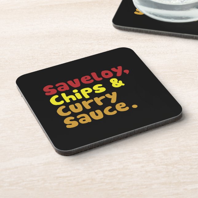 Saveloy, Chips & Curry Sauce. Coaster (Left Side)