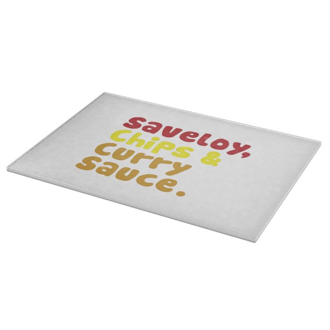 Saveloy, Chips & Curry Sauce. Cutting Board (Corner)