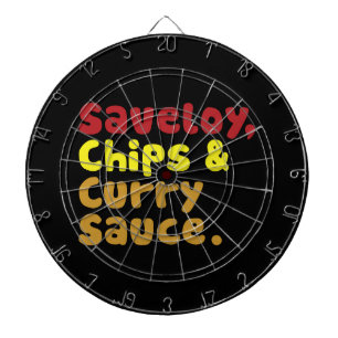 Saveloy, Chips & Curry Sauce. Dartboard