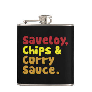 Saveloy, Chips & Curry Sauce. Hip Flask