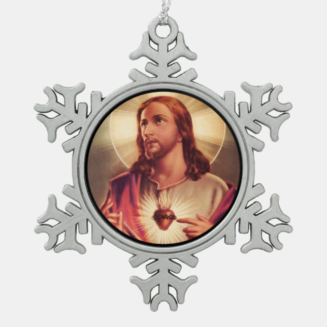 Saviour Eyes Raised Towards Heaven Snowflake Pewter Christmas Ornament (Front)