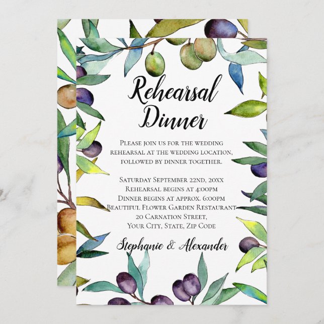 Savory Olives Tuscan Watercolor Rehearsal Dinner Invitation (Front/Back)
