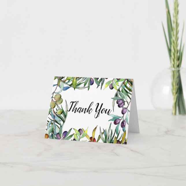 Savory Olives Tuscan Watercolor Wedding Thank You Card (Front)