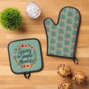 Savour the Simple Moments Boho Floral Quote Oven Mitt & Pot Holder Set