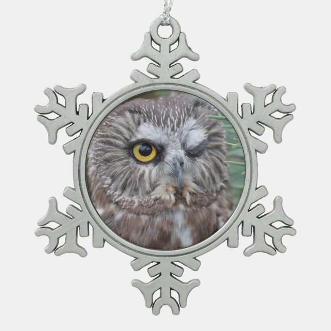 Saw-whet Owl Snowflake Pewter Christmas Ornament (Front)