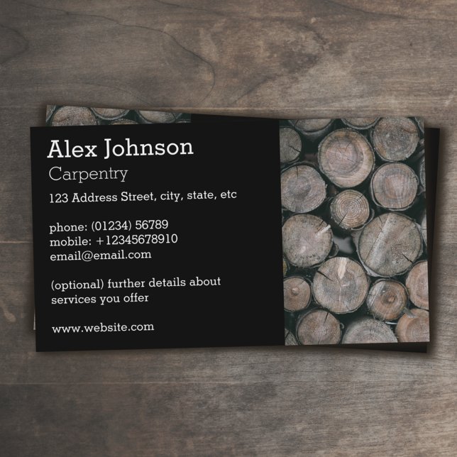 Sawn logs photo carpentry black business card (Creator Uploaded)