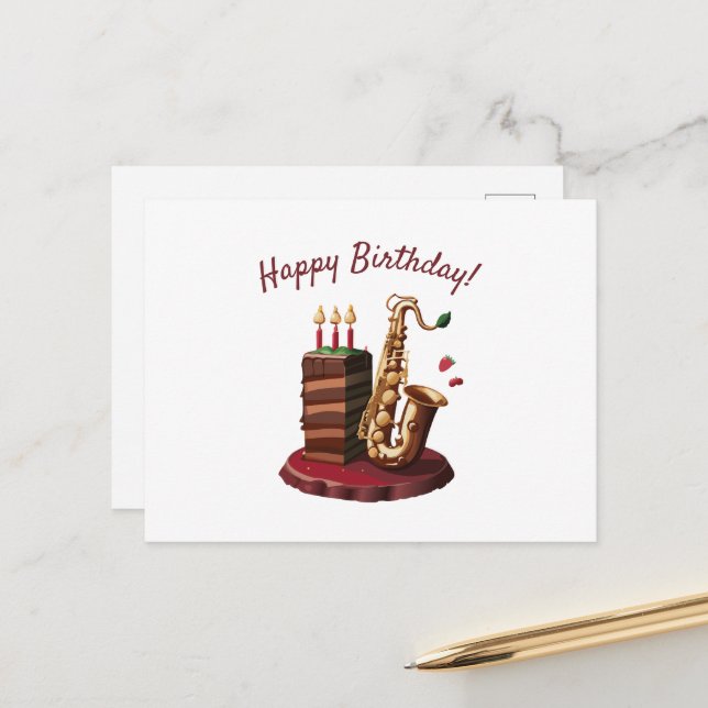 Saxaphone Chocolate Birthday Cake Postcard (Front/Back In Situ)