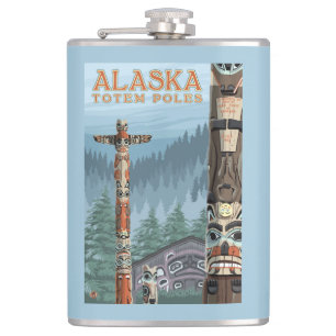 Saxman Totem Village Vintage Travel Poster Hip Flask