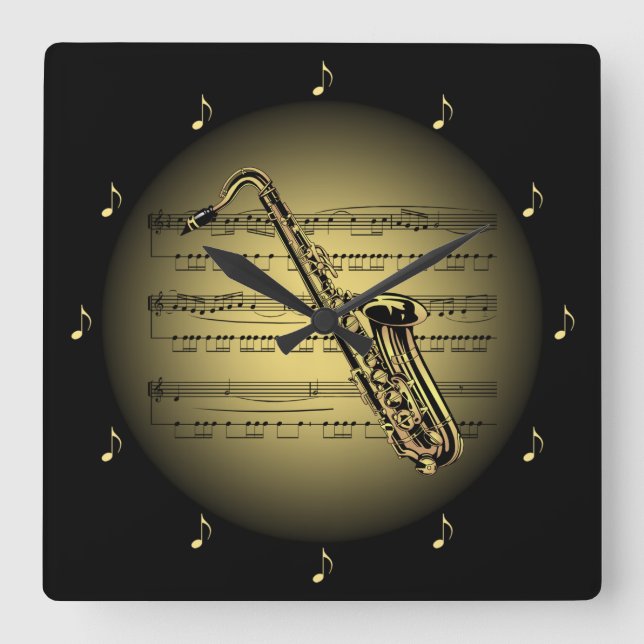 Saxophone 3-D Gold Globe ~ Sheet Music ~ Black BG Square Wall Clock (Front)