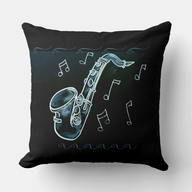 Saxophone And Music Notes Throw Pillow (Front)