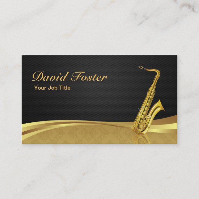Saxophone Brass Instrument Elegant Gold Damask Business Card (Front)