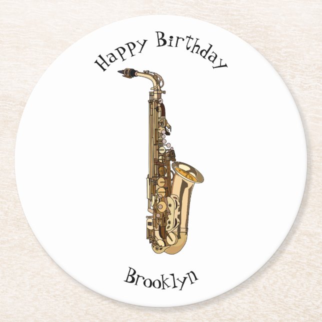 Saxophone cartoon illustration round paper coaster (Front)
